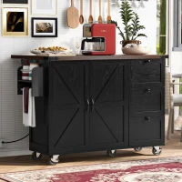 Large Kitchen Island with Built-in Power Outlet and 2 USB Ports, Rolling Kitchen Cart with Large Drop Leaf, 54.5'' L x 28.5'' W x 36.5'' H, Black(m-9)