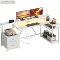 HOMCOM 76" Gaming Desk, Reversible Computer Table with RGB Lights, USB Ports, Monitor Stand and 2 Fabric Drawers, White(m-11)