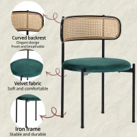 Set of 4 Modern Velvet Dining Chairs with PE Rattan Backrest, Minimalist Leisure Chairs with Round Padded Seat, 19.5'' L x 20'' W x 29.5'' H, Green(m-4)
