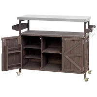 Outdoor Kitchen Island with Stainless Steel Top and Spice Rack, Rolling Bar Cart with Adjustable Shelves, 50'' L x 18.5'' W x 36'' H, Dark Brown(m-2)