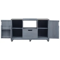 Outdoor Kitchen Island with Stainless Steel Top, Adjustable 5‑Level Shelves, Fir Wood Grill Cart with Drawer, 66.5'' L x 23'' W x 34.5'' H, Grey+Blue(m-15)