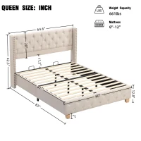 Queen Size Linen Upholstered Bed with Wingback Headboard, Modern Bed Frame with Metal Nailhead Trim, 64.5'' L x 83'' W x 42.5'' H, Beige(m-3)