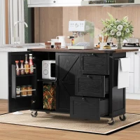 Large Kitchen Island with Built-in Power Outlet and 2 USB Ports, Rolling Kitchen Cart with Large Drop Leaf, 54.5'' L x 28.5'' W x 36.5'' H, Black(m-1)