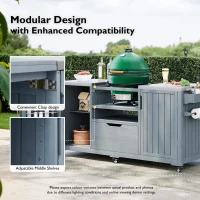 Outdoor Kitchen Island with Stainless Steel Top, Adjustable 5‑Level Shelves, Fir Wood Grill Cart with Drawer, 66.5'' L x 23'' W x 34.5'' H, Grey+Blue(m-4)