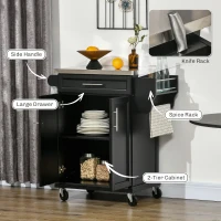 HOMCOM Kitchen Island on Wheels, Rolling Kitchen Cart with Stainless Steel Countertop, Drawer, Towel Rack and Spice Rack, Utility Storage Trolley, Black(m-4)
