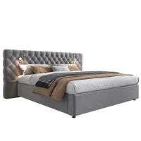 King Size Upholstered Bed with Extra-Wide Diamond Tufted Headboard, Plush Velvet Bed with Built-In Reading Lights, 83'' L x 102'' W x 42'' H, Grey(m-2)