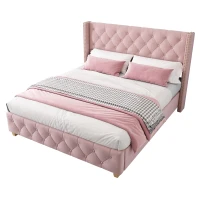 Full Size Velvet Upholstered Platform Bed with Diamond Button Tufting, Extra‑Wide Bedboard with Wooden Legs, 58.5'' L x 78'' W x 42.5'' H, Pink(m-8)