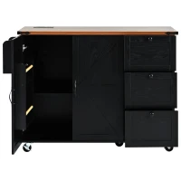 Farmhouse Kitchen Island with Built-in Charging Station, 3 Drawers, Rolling Cart for Kitchen and Dining Room, 54.5'' L x 28.5'' W x 36.5'' H, Black(m-14)