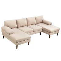 HOMCOM U Shape Couch with Double Chaise Lounge, Modern 4 Seater Sofa with Wooden Legs, Fabric Sofa for Living Room, Beige(m-2)