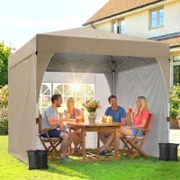 Outsunny 9.6 x 9.6 ft Pop Up Canopy Tent with 3 Sidewalls, UPF 50+ 1-Button Push Easy Setup Outdoor Instant Canopy, Khaki(m-1)