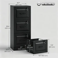 HOMCOM 3 Drawer File Cabinet with Lock, Vertical Filing Cabinet with Adjustable Hanging Bars for A4 and Letter Size, Black(m-3)