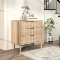 HOMCOM Bedroom Chest of Drawers, 3 Drawer Dresser with Fluted Panels and Solid Wood Legs, Storage Cabinet for Living Room, Oak(m-8)
