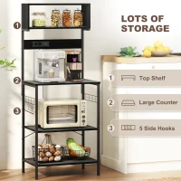 HOMCOM Baker's Rack with Charing Station, Microwave Shelf with Power Outlet, USB Charger and 5 Hooks, Black(m-6)