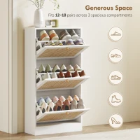 HOMCOM Rattan Shoe Storage Cabinet with 3 Flip Drawers and Adjustable Shelves, Entryway Shoe Cabinet for 18 Pairs, White(m-4)