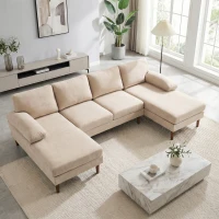HOMCOM U Shape Couch with Double Chaise Lounge, Modern 4 Seater Sofa with Wooden Legs, Fabric Sofa for Living Room, Beige(m-9)