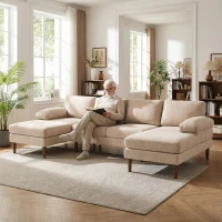 HOMCOM U Shape Couch with Double Chaise Lounge, Modern 4 Seater Sofa with Wooden Legs, Fabric Sofa for Living Room, Beige(m-11)