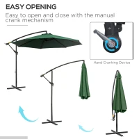 Outsunny 9.7ft Offset Patio UmbrellaCantilever Parasol with Crank Handle, 8 Ribs and Cross Base for Outdoor, Sun Shade, Green(m-4)