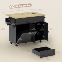 HOMCOM Kitchen Island Cart with Charging Station and Drop Leaf, Kitchen Island Table on Wheels with Trash Can Cabinet, Black(m-3)