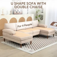 HOMCOM U Shape Couch with Double Chaise Lounge, Modern 4 Seater Sofa with Wooden Legs, Fabric Sofa for Living Room, Beige(m-4)