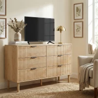 HOMCOM Bedroom Chest of Drawers, 6 Drawer Dresser with Fluted Panels and Solid Wood Legs, Storage Cabinet for Living Room, Oak(m-9)