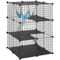 PawHut 3 Tier Cat Cage Crate, DIY Pet Playpen with 3 Doors, Ladders, Hammock, Platforms, Indoor Playpen for Kittens, Black(m-11)