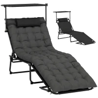 Outsunny Folding Lounge Chair with Adjustable Canopy, 4-Position Outdoor Tanning Chair with Headrest, Dark Grey(m-2)