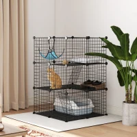 PawHut 3 Tier Cat Cage Crate, DIY Pet Playpen with 3 Doors, Ladders, Hammock, Platforms, Indoor Playpen for Kittens, Black(m-8)