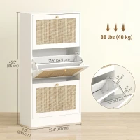 HOMCOM Rattan Shoe Storage Cabinet with 3 Flip Drawers and Adjustable Shelves, Entryway Shoe Cabinet for 18 Pairs, White(m-3)