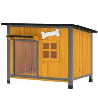 PawHut Outdoor Dog House with Anti-Chewing Steel Frame, Openable Roof, Removable Floor, Door Curtain, Yellow(m-2)