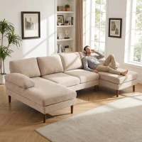 HOMCOM U Shape Couch with Double Chaise Lounge, Modern 4 Seater Sofa with Wooden Legs, Fabric Sofa for Living Room, Beige(m-12)