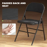 HOMCOM Set of 2 Metal Foldable Chairs, Linen Fabric Padded Folding Chairs with Cushion Seat and Open Back for Indoor, Black(m-4)
