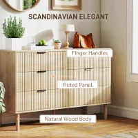 HOMCOM Bedroom Chest of Drawers, 6 Drawer Dresser with Fluted Panels and Solid Wood Legs, Storage Cabinet for Living Room, Oak(m-4)