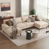 HOMCOM U Shape Couch with Double Chaise Lounge, Modern 4 Seater Sofa with Wooden Legs, Fabric Sofa for Living Room, Beige(m-1)