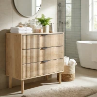 HOMCOM Bedroom Chest of Drawers, 3 Drawer Dresser with Fluted Panels and Solid Wood Legs, Storage Cabinet for Living Room, Oak(m-11)