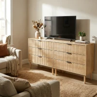 HOMCOM Bedroom Chest of Drawers, 3 Drawer Dresser with Fluted Panels and Solid Wood Legs, Storage Cabinet for Living Room, Oak(m-10)