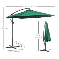 Outsunny 10' Deluxe Patio Umbrella, Outdoor Market Parasol, Banana Hanging Offset Sunshade with Crank, Cross Base, Dark Green(m-3)