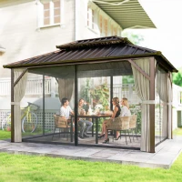 Outsunny 10' x 14' Hardtop Gazebo with Double Galvanized Steel Roof Canopy, Aluminum Frame Permanent Gazebo, Brown(m-2)