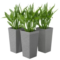 Outsunny 22.8 Inch Set of 3 Outdoor Planters with Stone Finish and Wheels, Stackable Tapered Planters with Drainage Hole, Gray(m-1)