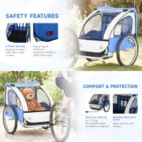 Aosom 2-Seat Child Bike Trailer for Kids with a Strong Steel Frame, 5-Point Safety Harnesses, & Comfortable Seat, Blue(m-7)