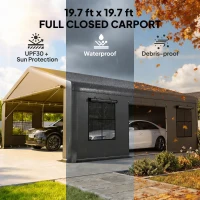 Outsunny 20' x 20' Heavy Duty Carport, Portable Garage Car Canopy Tent Shelter with 3 Roll-up Doors, 4 Windows, Dark Gray(m-4)