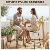 HOMCOM Set of 2 Rattan Barstools Wicker Counter Stools with Steel Legs and Footrest for Dining Room Kitchen Pub Yellow(m-5)