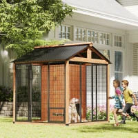 PawHut 7' x 6' Extra Large Dog House, Wood Outdoor Dog Kennel with Storage Cabinet, Stainless Steel Bowls, Light Yellow(m-10)
