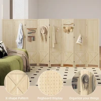 HOMCOM Wooden Room Divider with Pegboard Display, 8 Panel Folding Privacy Screen for Home Office, Natural Wood(m-4)