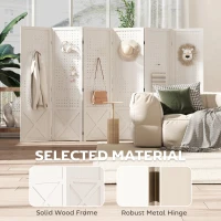 HOMCOM 56.9" 6 Panel Wooden Room Divider with Pegboard Display, Folding Privacy Screen for Home Office, White(m-5)