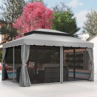 Outsunny 13' x 10' Patio Gazebo Canopy with 2-Tier Polyester Roof, Vented Mesh Sidewall & Strong Aluminum Frame, Light Grey(m-8)