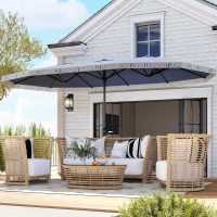 Outsunny 15ft Rectangle Patio Umbrella UPF30+ Extra Large Outdoor Umbrella with Fringe and Crank Handle, Dark Blue(m-9)