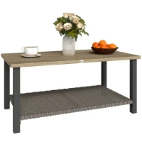 Outsunny 2-Tier Rectangle Outdoor Coffee Table, Patio Table with Wood-Effect Metal Top, Wicker Shelf for Garden, Backyard, Brown(m-11)