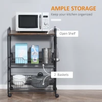 HOMCOM 3 Tier Kitchen Cart with Storage, Rolling Kitchen Island Cart with 2 Sliding Fruit Basket and Side Hooks for Dining Room, Rustic Brown(m-4)