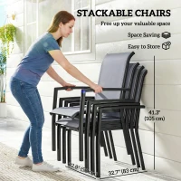 Outsunny Stackable Patio Chairs Set of 4, Outdoor Dining Chairs with All Weather Breathable Mesh and Armrests, Grey(m-4)
