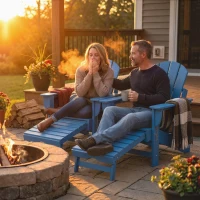 Outsunny Folding Adirondack Chair Set of 2, HDPE Fire Pit Chair with Retractable Ottoman and Cup Holder, Blue(m-2)